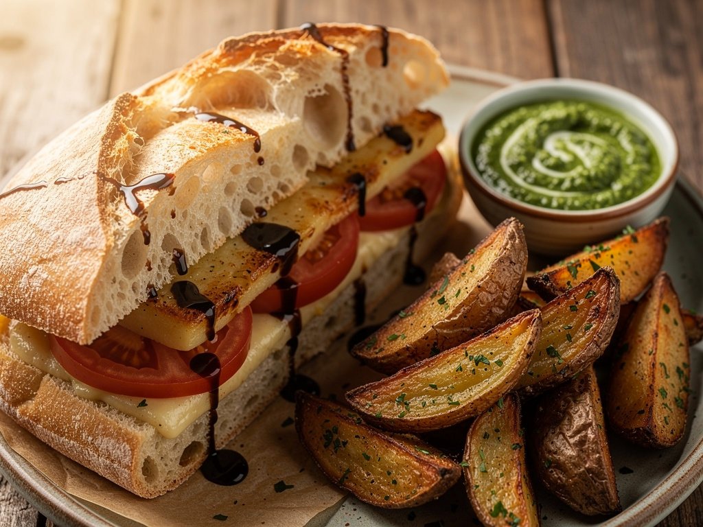 Crispy Grilling Cheese Ciabatta Sandwich with Balsamic Glaze and Potato Wedges
