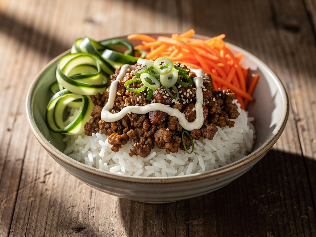 Ground Beef Bulgogi Bowls with Quick Pickled Cucumber and Sriracha Crema
