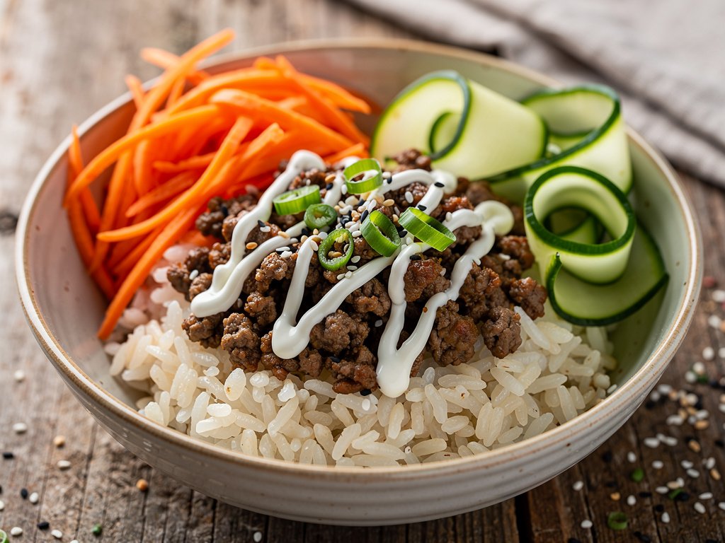 Quick Ground Beef Bulgogi Bowls with Pickled Cucumber and Sriracha Crema