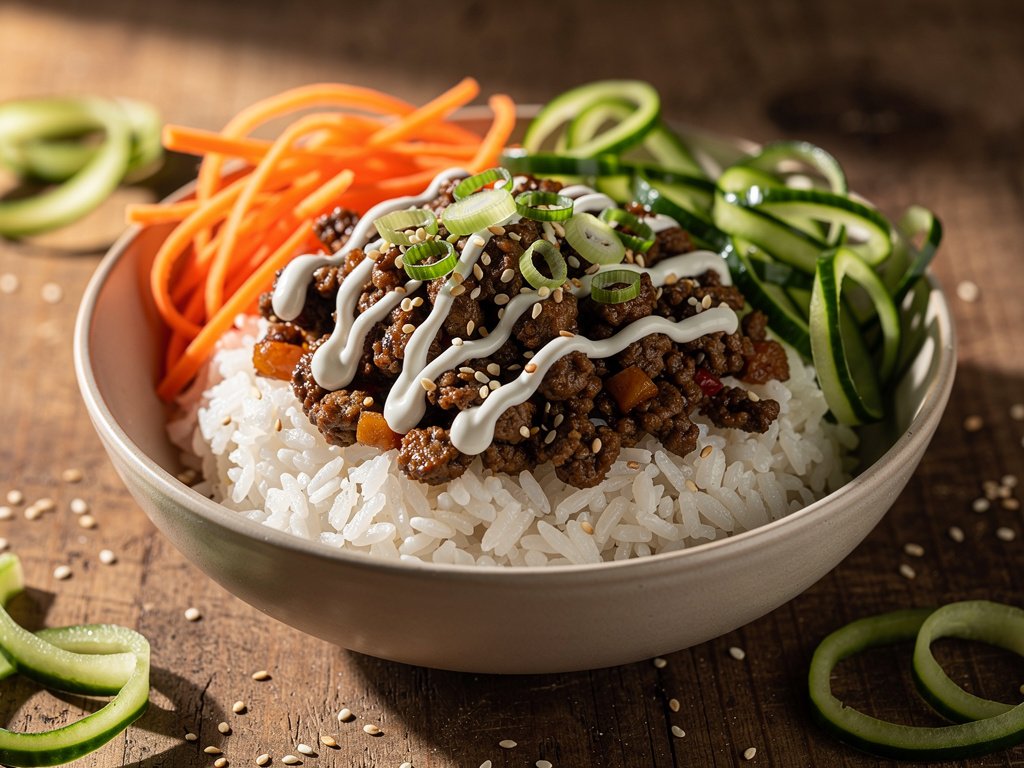 Ground Beef Bulgogi Bowls with Quick Pickled Cucumber and Sriracha Crema