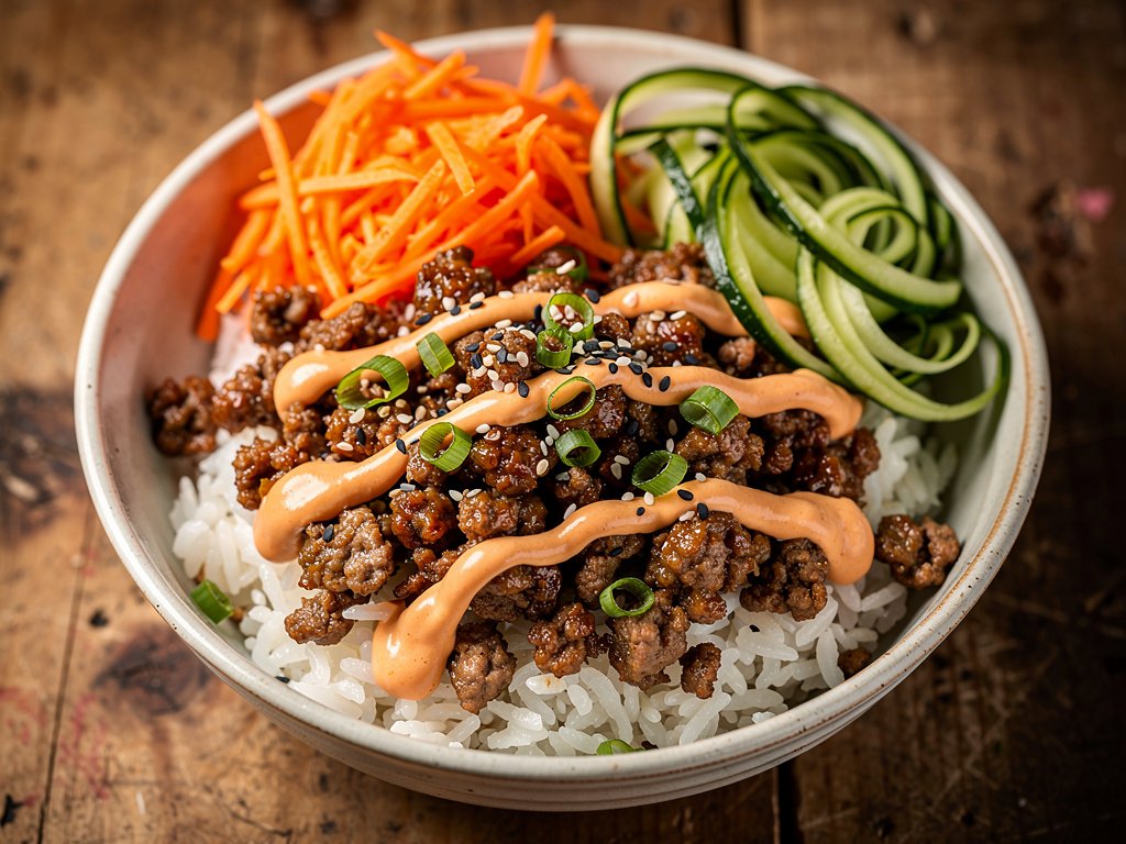 Quick Ground Beef Bulgogi Bowls with Quick-Pickled Cucumbers and Sriracha Crema