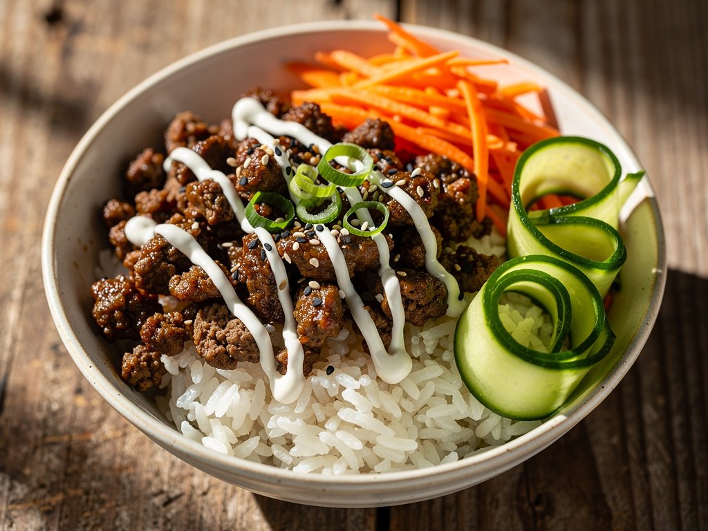 Ground Beef Bulgogi Bowls with Pickled Cucumber and Sriracha Crema