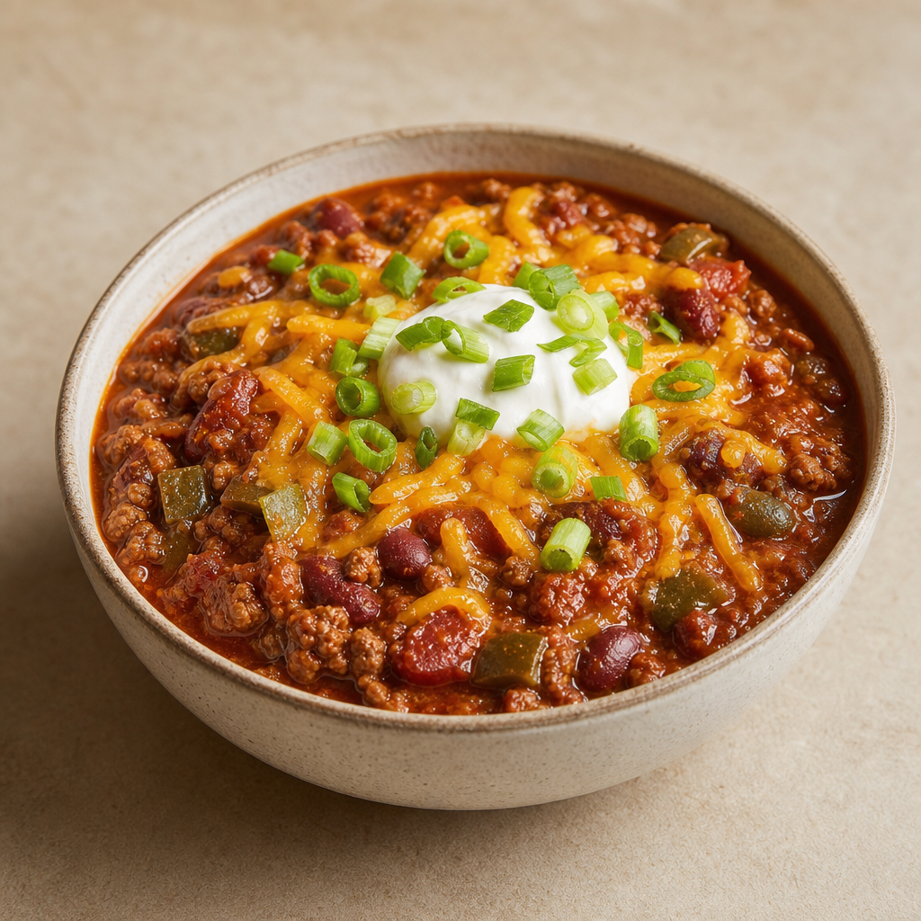 Ground Beef Poblano Chili with Kidney Beans and Cheddar