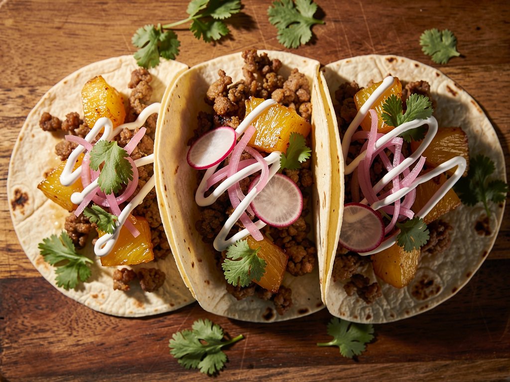 30-Minute Ground Pork Tacos with Caramelized Pineapple and Pickled Veggies