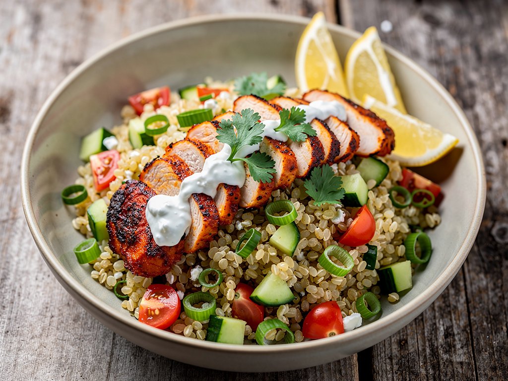 Harissa Chicken Tabbouleh Bowls with Creamy Feta Sauce