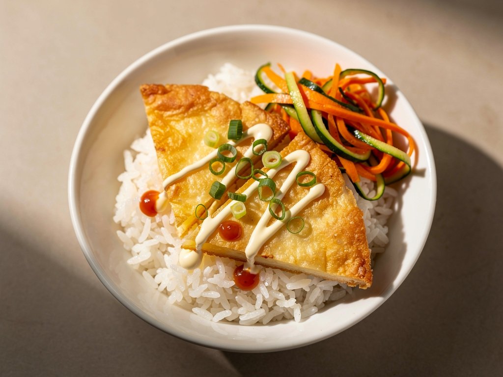 Harissa-Crusted Fried Cheese with Zucchini and Carrot Ribbons over Garlic Rice