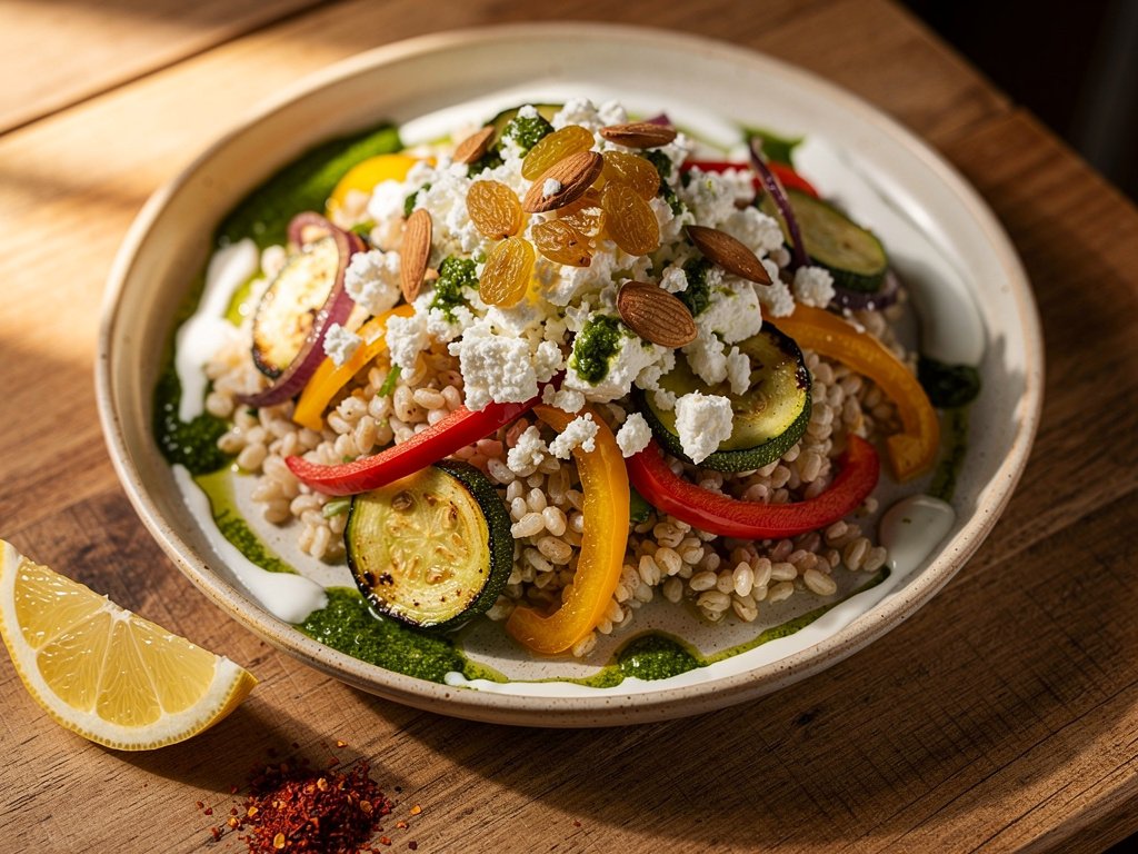 Harissa-Roasted Veggie Barley Bowls with Chermoula and Lemon Yogurt