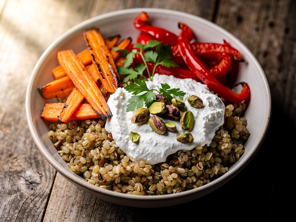Harissa-Roasted Veggie Freekeh Bowl with Feta Sauce and Pistachios