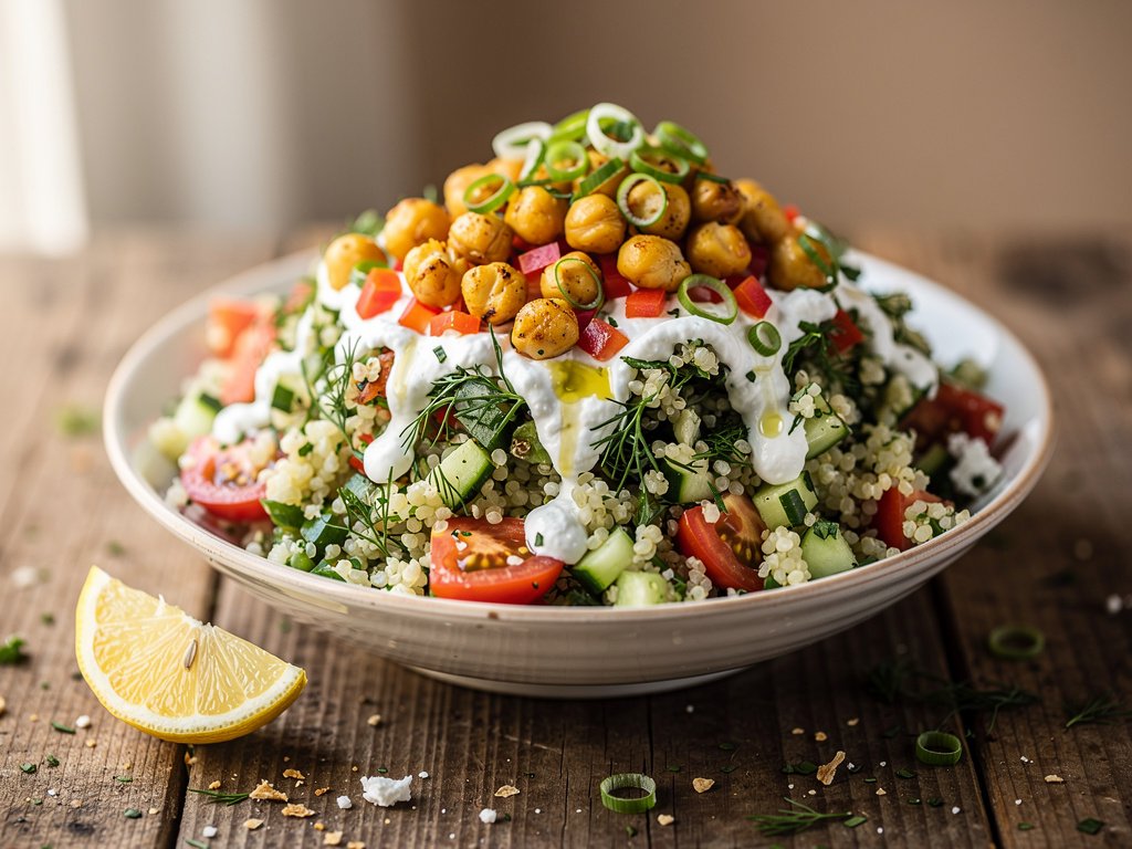Harissa-Spiced Chickpea Tabbouleh Bowls with Creamy Feta Dressing
