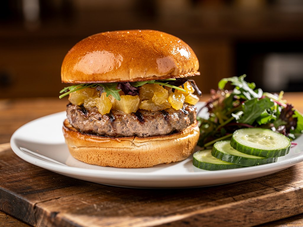 Hawaiian-Style Pork Burgers with Pineapple Relish and Cucumber Salad