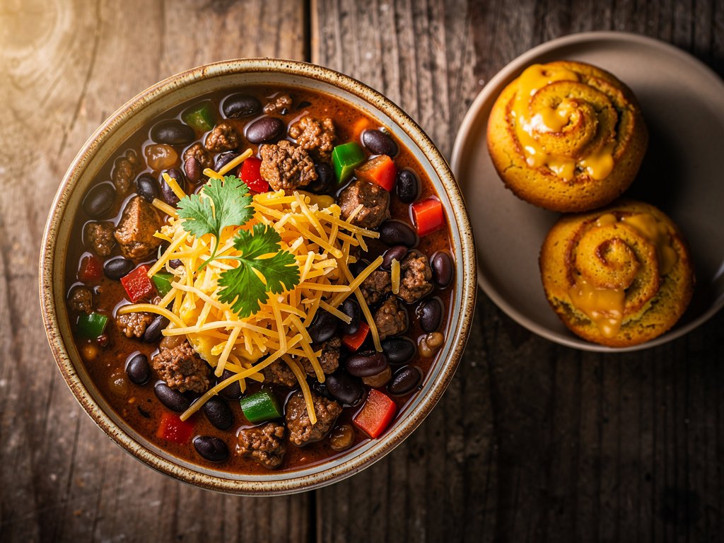 Hearty Beef Chili with Cheesy Cornbread Muffins
