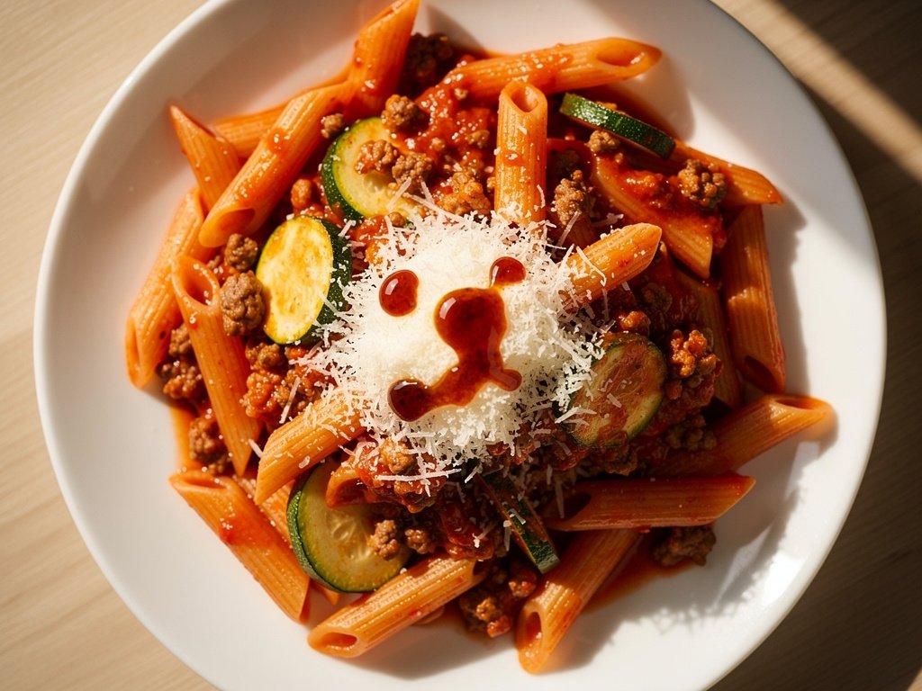 Hearty Beef Ragù with Penne, Zucchini, and Parmesan