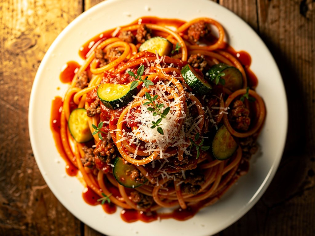Hearty Beef Ragù Spaghetti with Zucchini and Parmesan