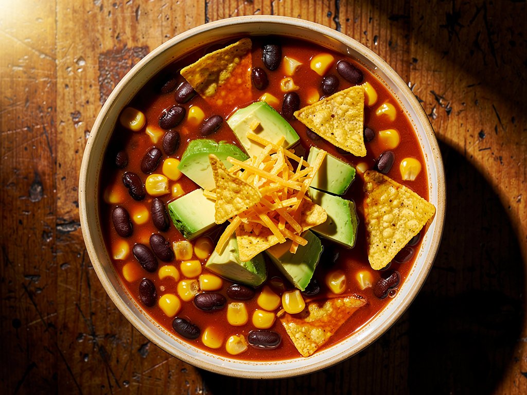 Hearty Black Bean and Corn Tortilla Soup with Avocado and Cheddar