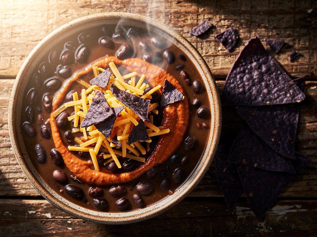 Hearty Black Bean Soup with Southwest Spices and Crunchy Toppings
