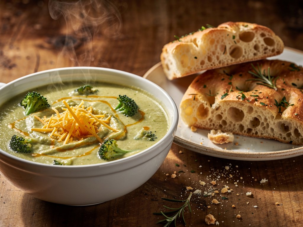 Hearty Broccoli Cheddar Soup with Crispy Focaccia