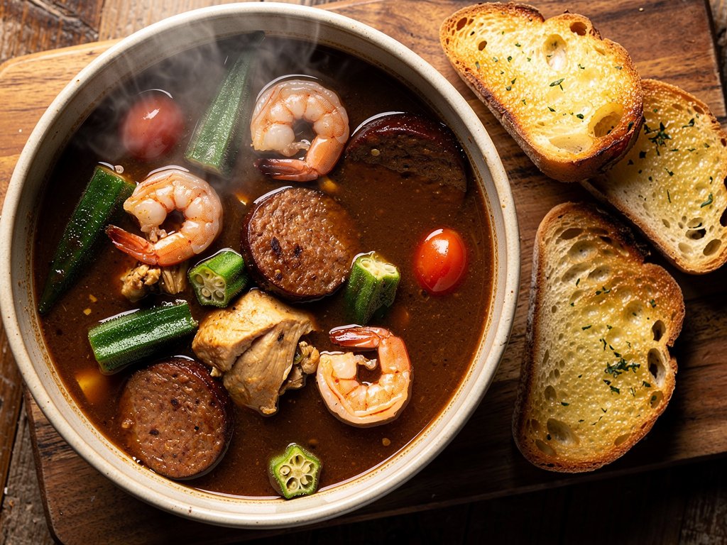 Hearty Chicken, Sausage & Shrimp Gumbo with Garlic Bread