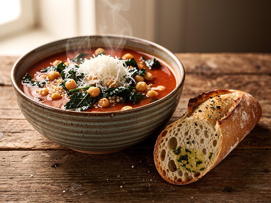 Hearty Chickpea, Kale & Tomato Soup with Couscous and Garlic Ciabatta