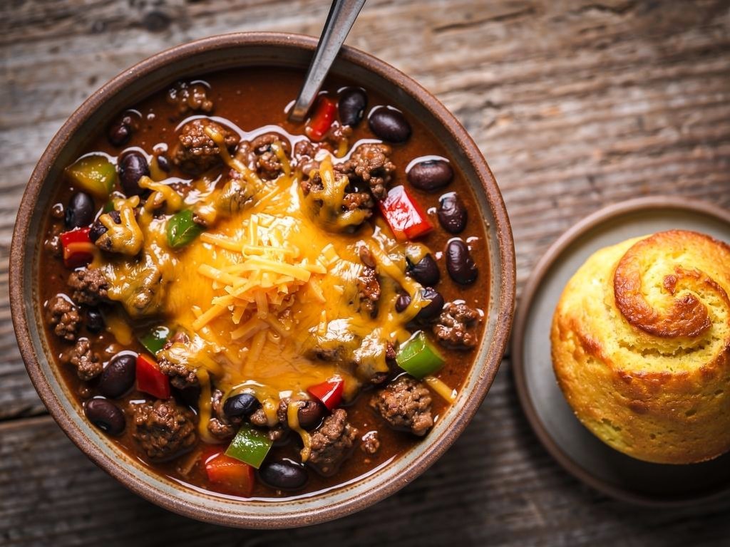 Hearty Chunky Beef Chili with Cheesy Cornbread Swirls