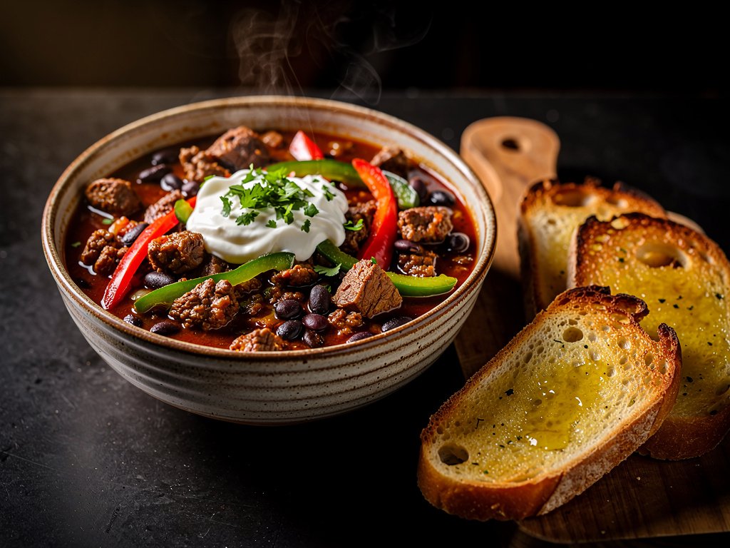 Hearty Chunky Beef Chili with Black Beans and Garlic Bread