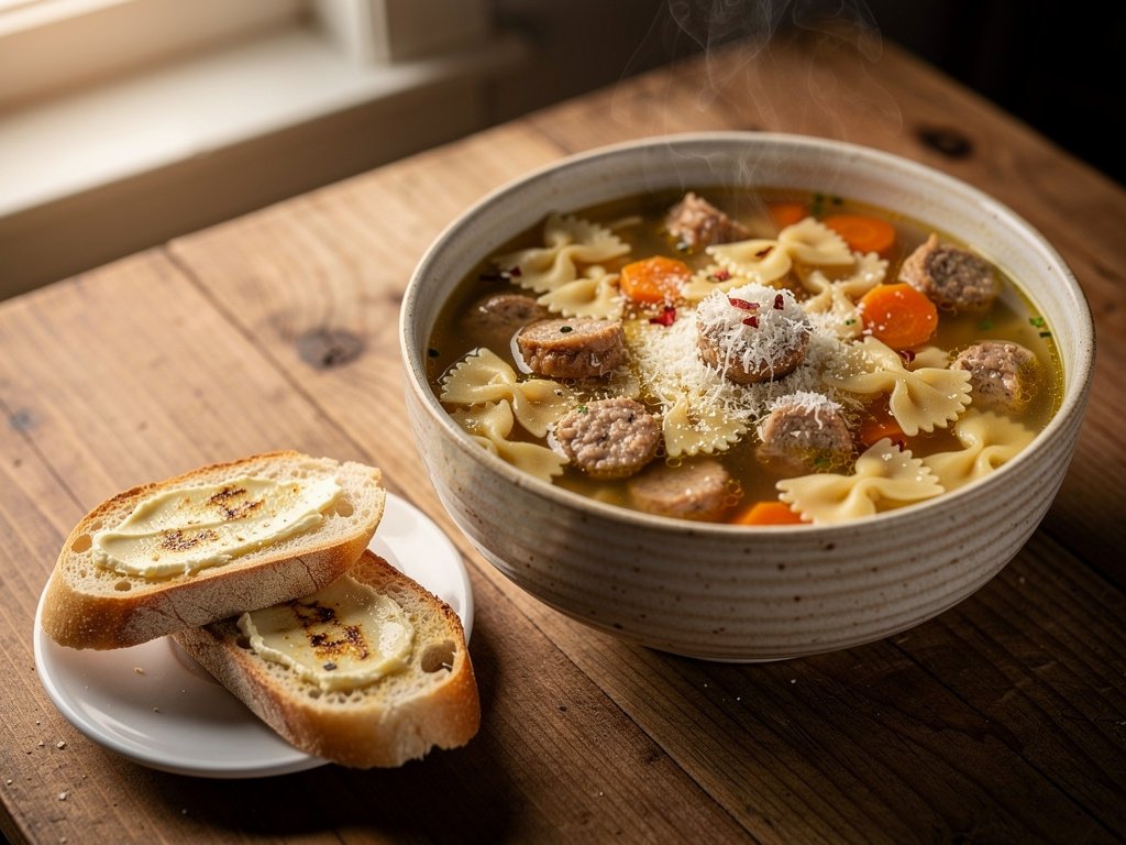 Hearty Italian Chicken Sausage and Farfalle Soup with Parmesan Toasts