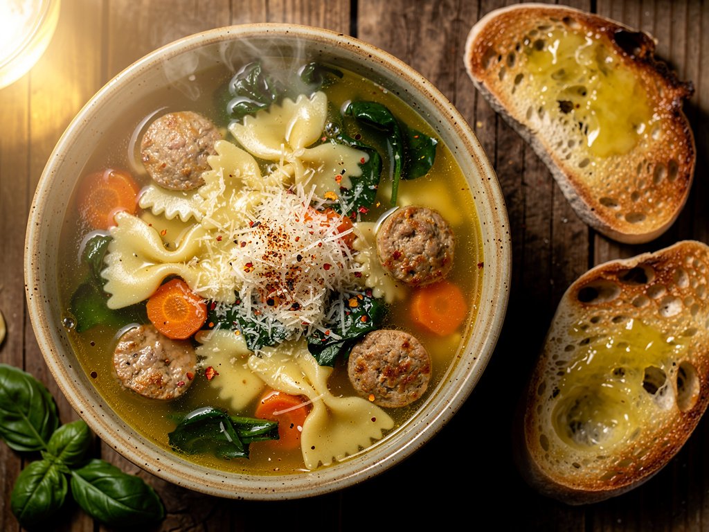 Hearty Italian Chicken Sausage and Farfalle Soup with Parmesan Toasts