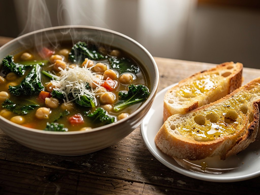 Hearty Italian Chickpea and Kale Soup with Garlic Ciabatta