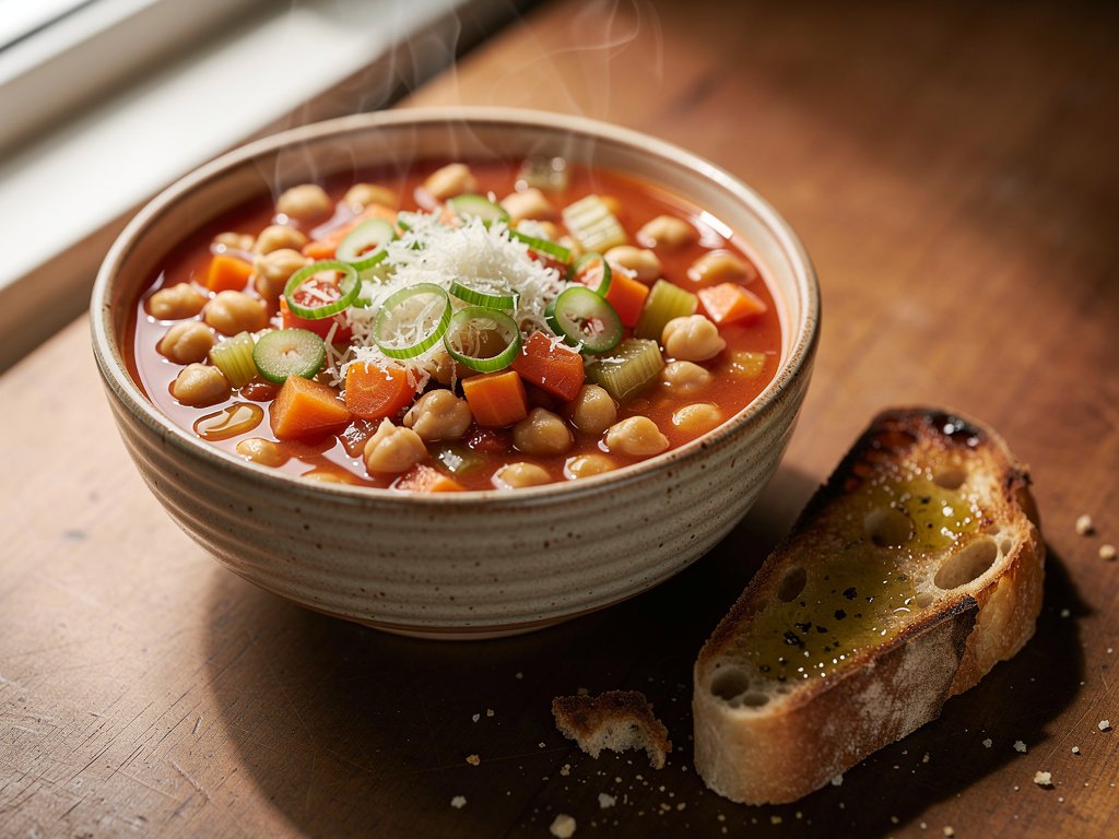 Hearty Italian Chickpea and Tomato Soup with Garlic Parmesan Bread