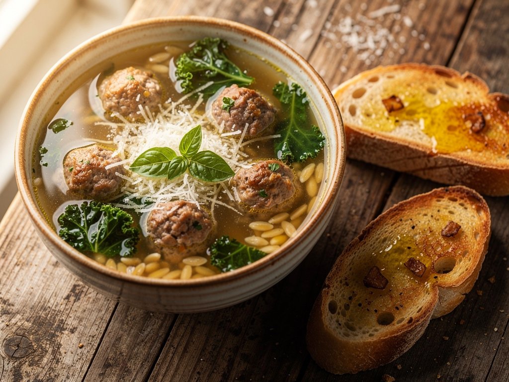 Hearty Italian Meatball Soup with Orzo and Kale