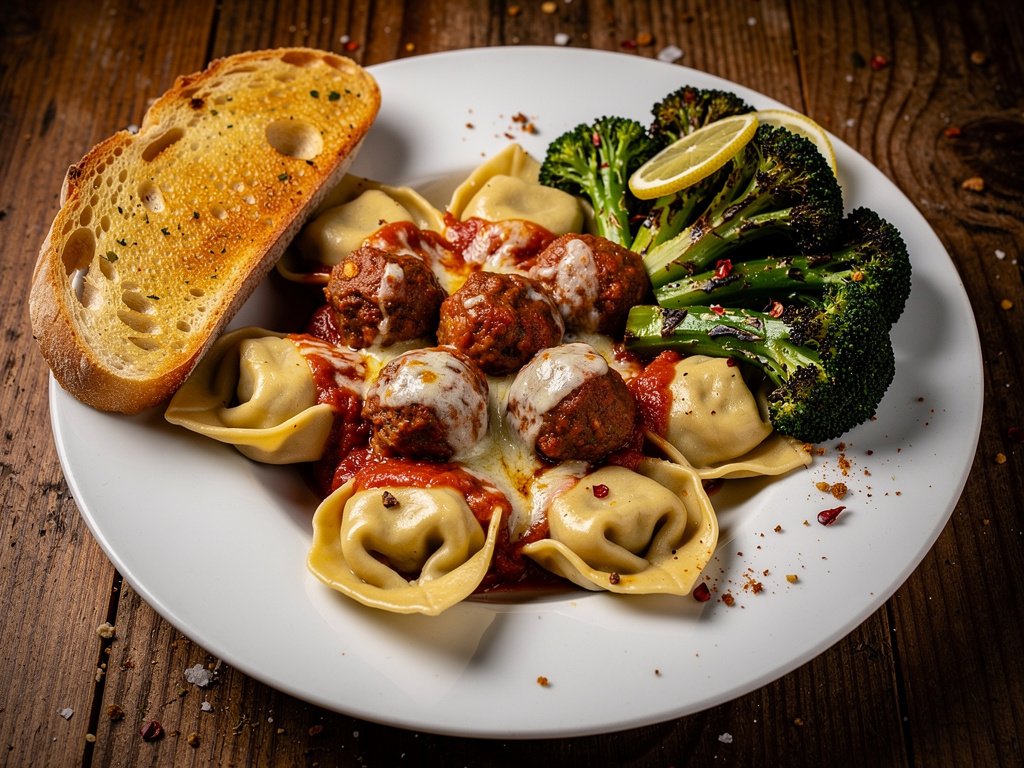 Hearty Italian Meatballs and Tortelloni with Lemony Broccoli and Garlic Bread