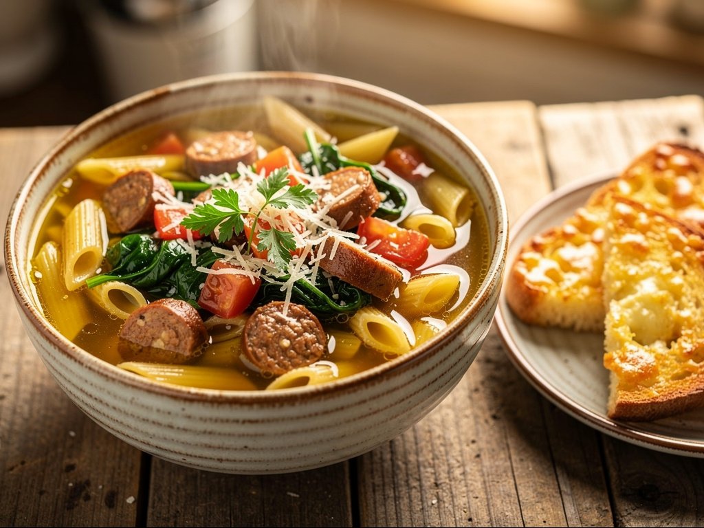 Hearty Italian Noodle Soup with Chicken Sausage and Parmesan Toasts