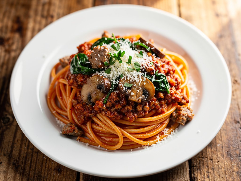 Hearty Italian Sausage Bolognese with Spinach and Mushrooms