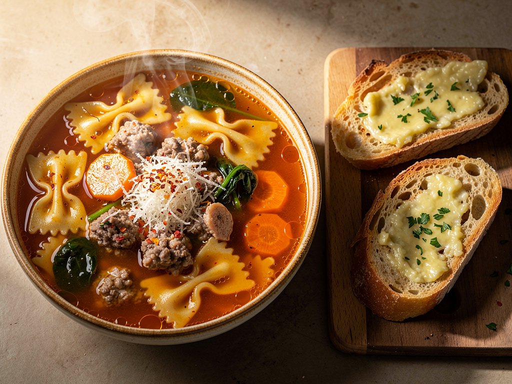 Hearty Italian Sausage and Farfalle Soup with Parmesan Toasts
