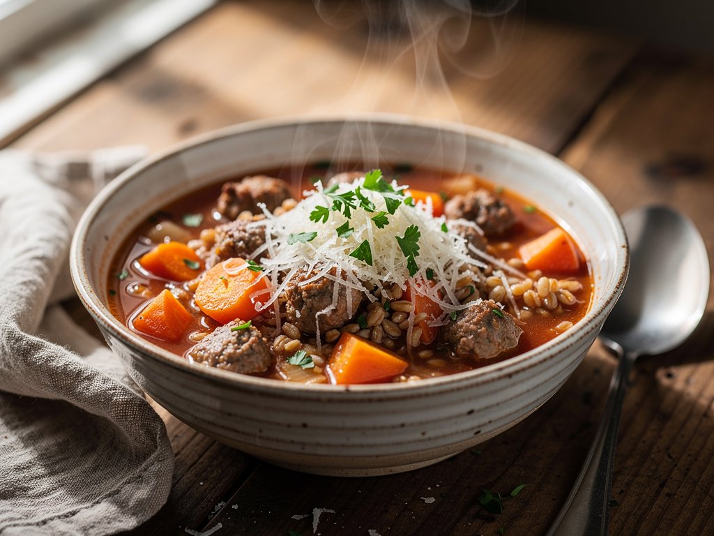 Hearty Italian Sausage and Farro Soup with Parmesan
