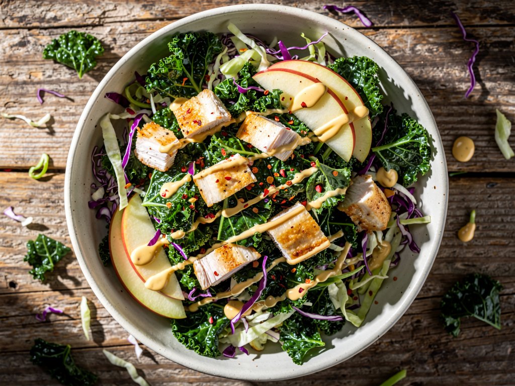 Hearty Kale and Chicken Harvest Salad with Honey Dijon Dressing