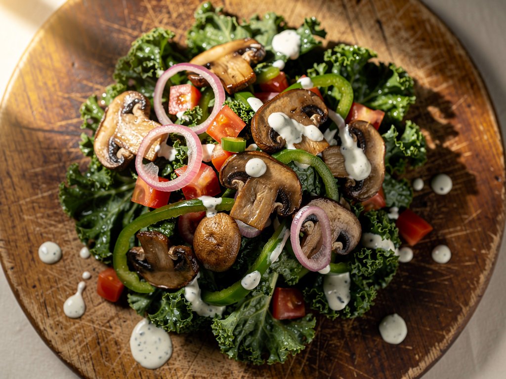 Hearty Mushroom Kale Salad with Horseradish Dressing