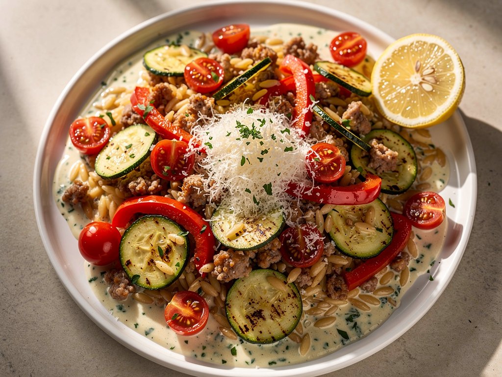 Hearty Orzo with Italian Sausage and Garden Vegetables