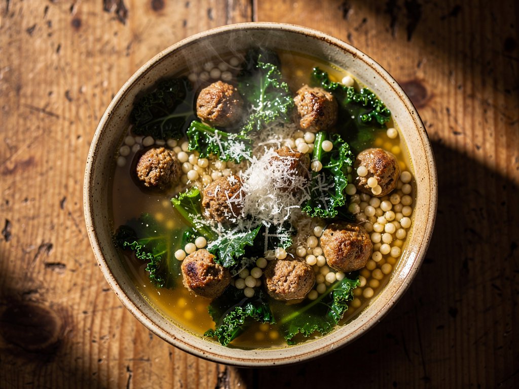 Hearty Pork Meatball and Kale Soup with Israeli Couscous