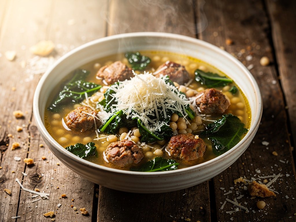 Hearty Pork Meatball and Kale Soup with Israeli Couscous