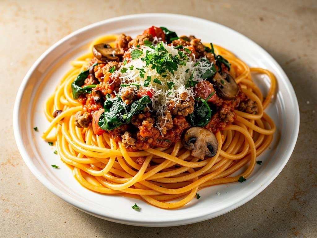 Hearty Sausage and Mushroom Bolognese with Spinach over Spaghetti