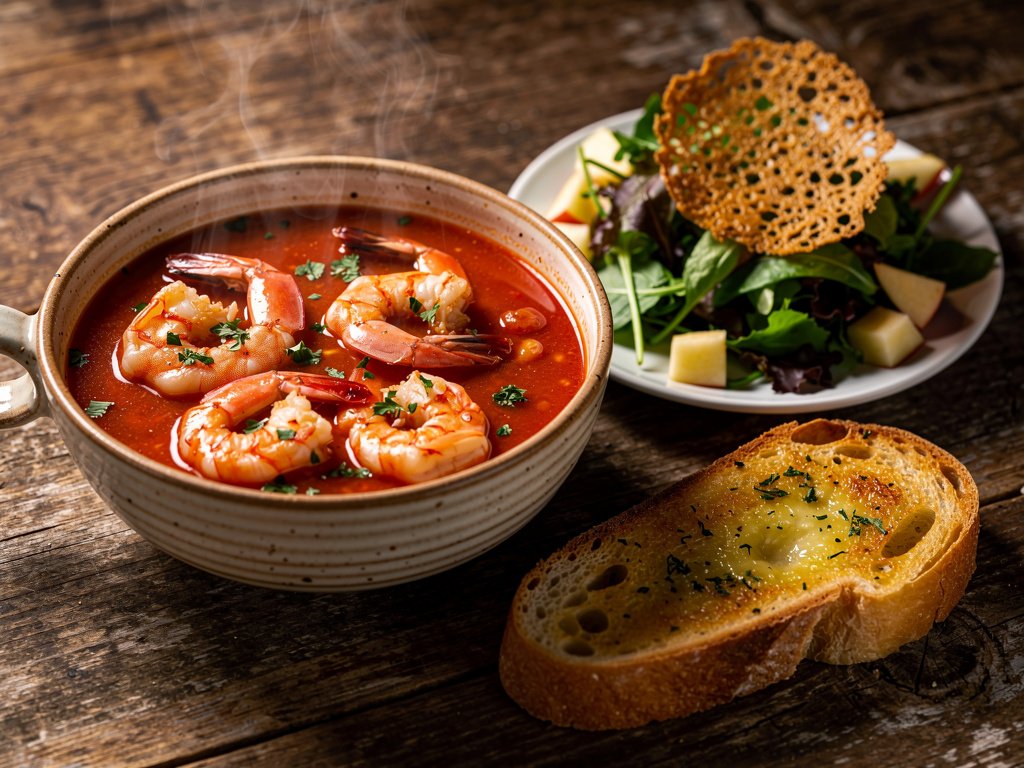 Hearty Shrimp Cioppino with Pickled Apple Salad and Garlic Bread