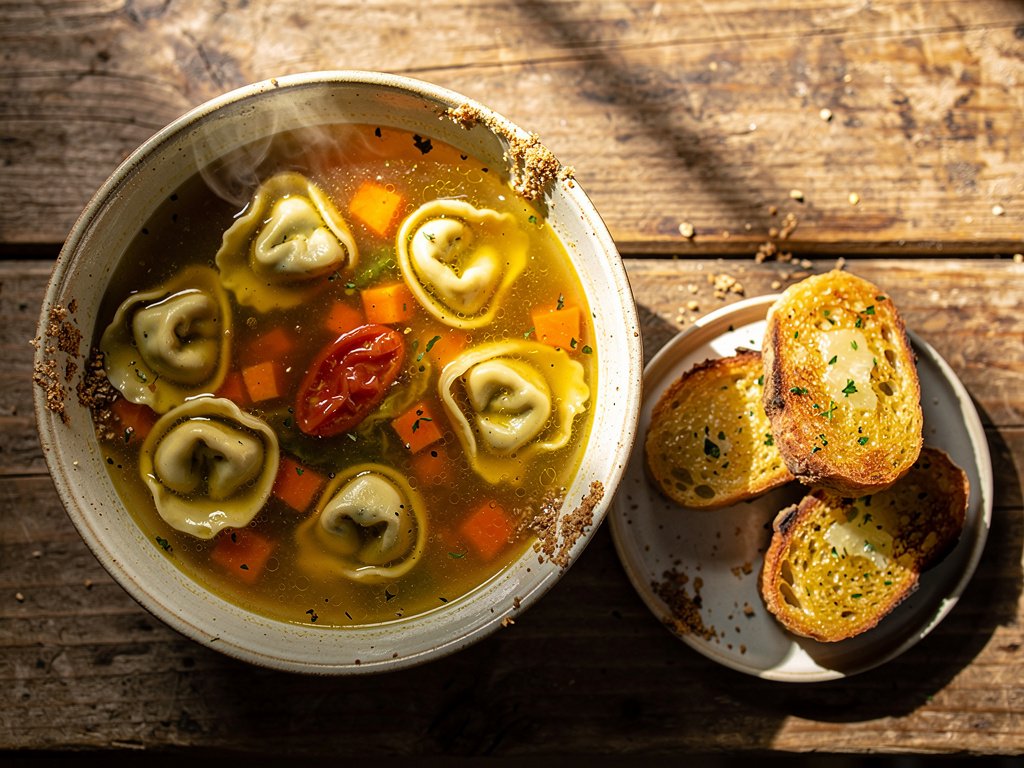 Hearty Tortelloni Vegetable Soup with Garlic Bread