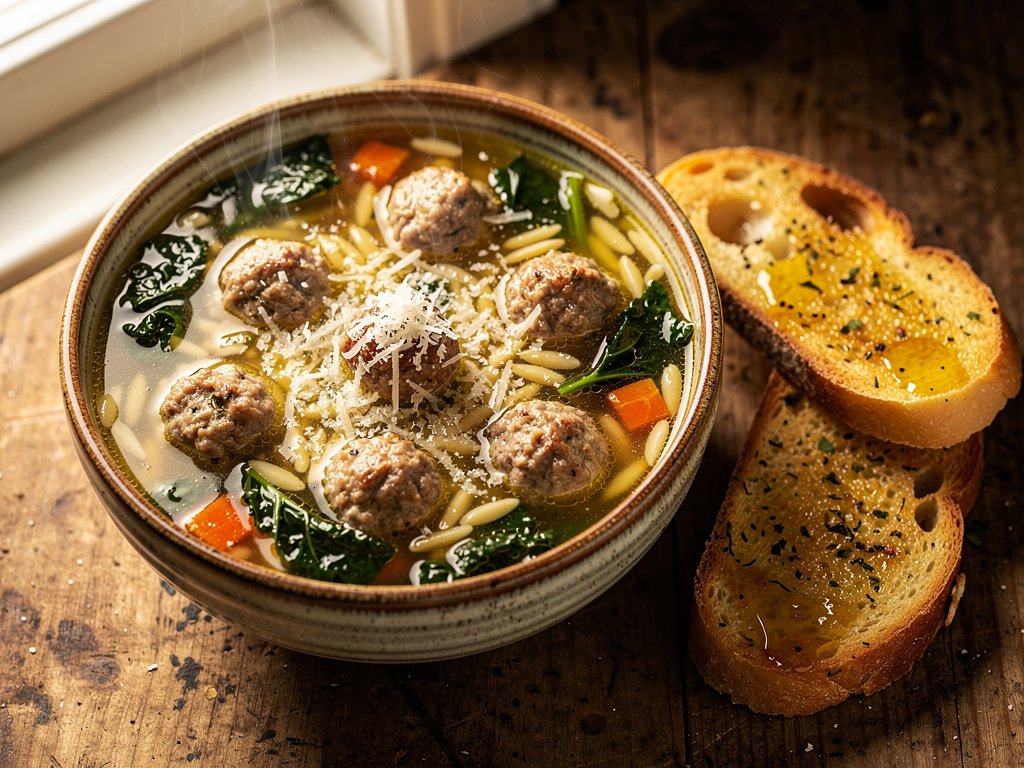 Hearty Tuscan Meatball Soup with Orzo and Kale
