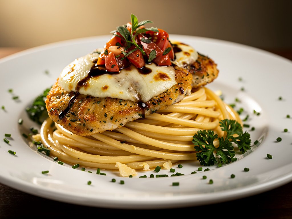 Herb-Crusted Chicken with Balsamic Tomato and Garlic Butter Spaghetti