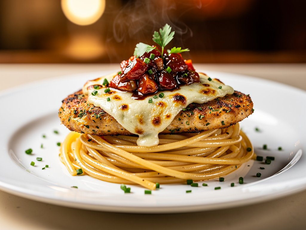 Herb-Crusted Chicken with Balsamic Tomato and Garlic Butter Spaghetti