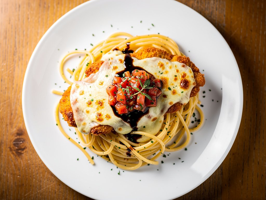Herb-Crusted Chicken with Balsamic Tomatoes and Garlic Butter Spaghetti