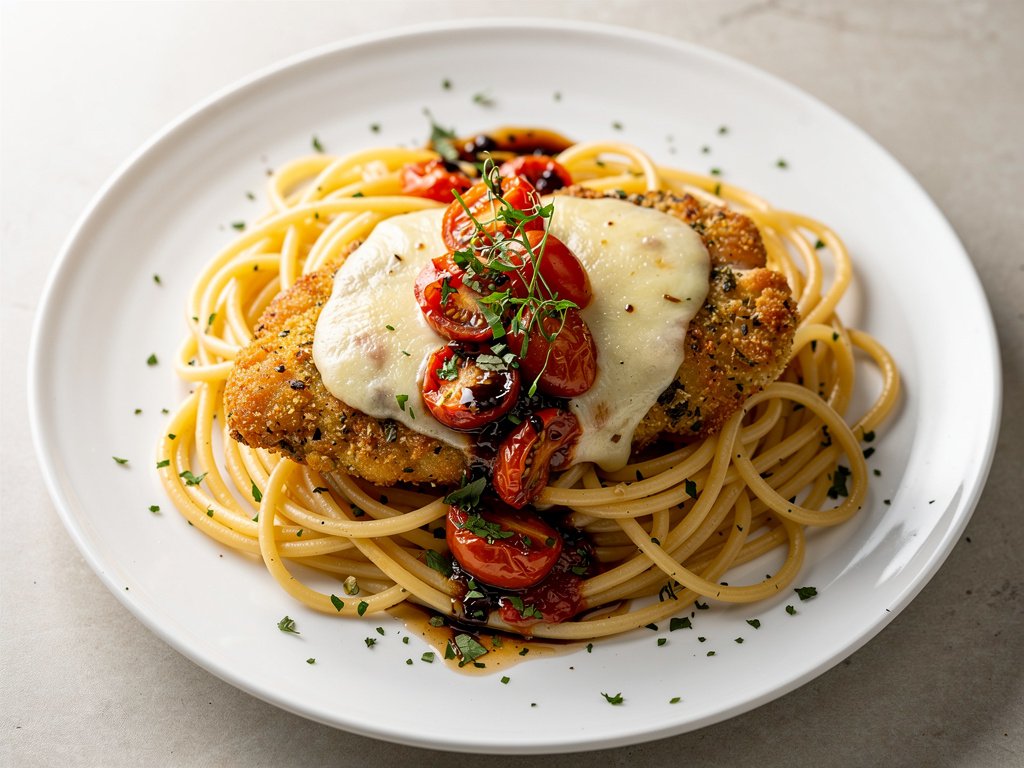 Herb-Crusted Chicken with Balsamic Tomatoes and Garlic Spaghetti
