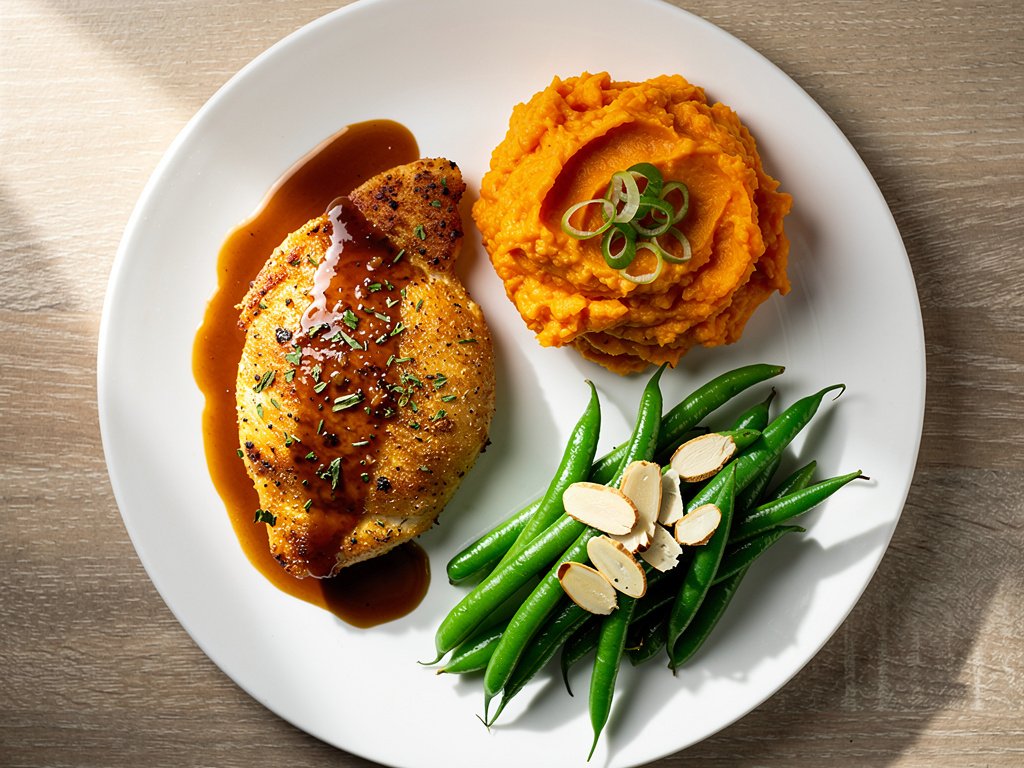 Herb-Crusted Chicken with Sweet Potato Mash and Almond Green Beans