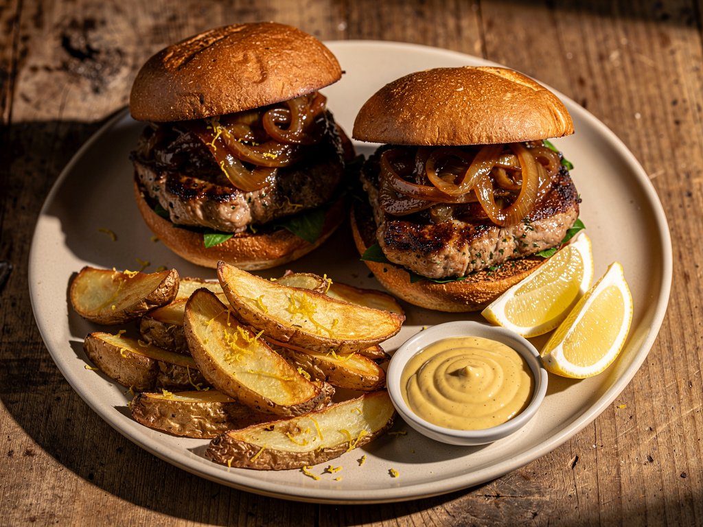 Herb-Crusted Pork Chop Sandwiches with Lemon Potato Wedges and Dijon Mustard Sauce