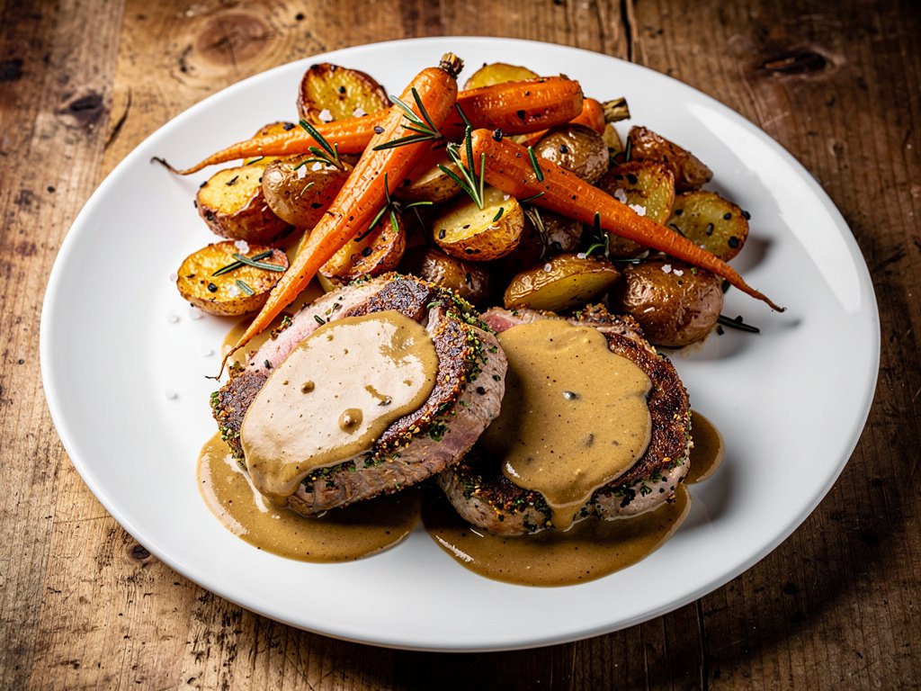 Herb-Crusted Pork Chops with Creamy Shallot Gravy and Rosemary Brown Butter Vegetables